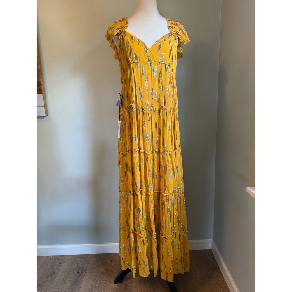 Saylor Kira Maxi Dress Yellow Metallic Feather Tiered Ruffle Large NEW revolve f